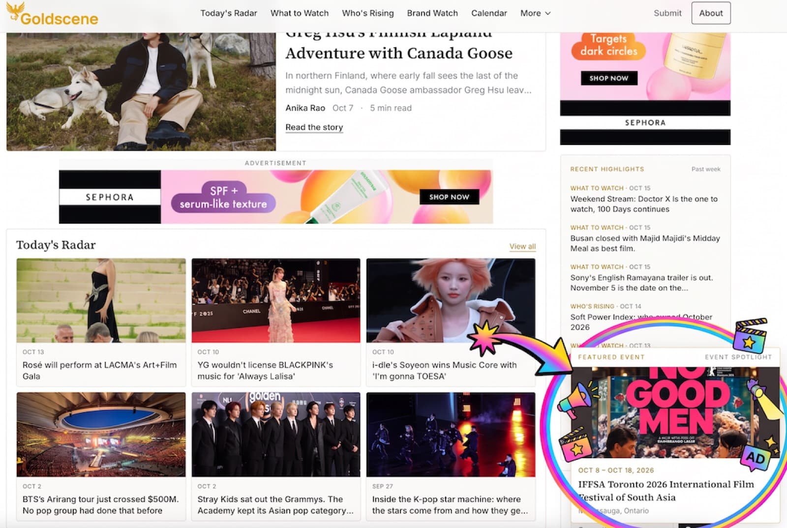 A featured event card on the Goldscene homepage, beside the main stories.