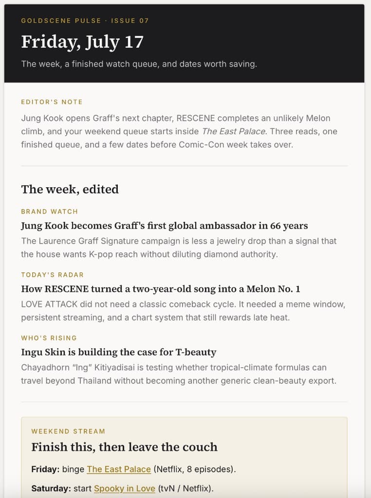 Goldscene Pulse Issue 07 sample on desktop: editor's note, the week edited, and Weekend Stream.