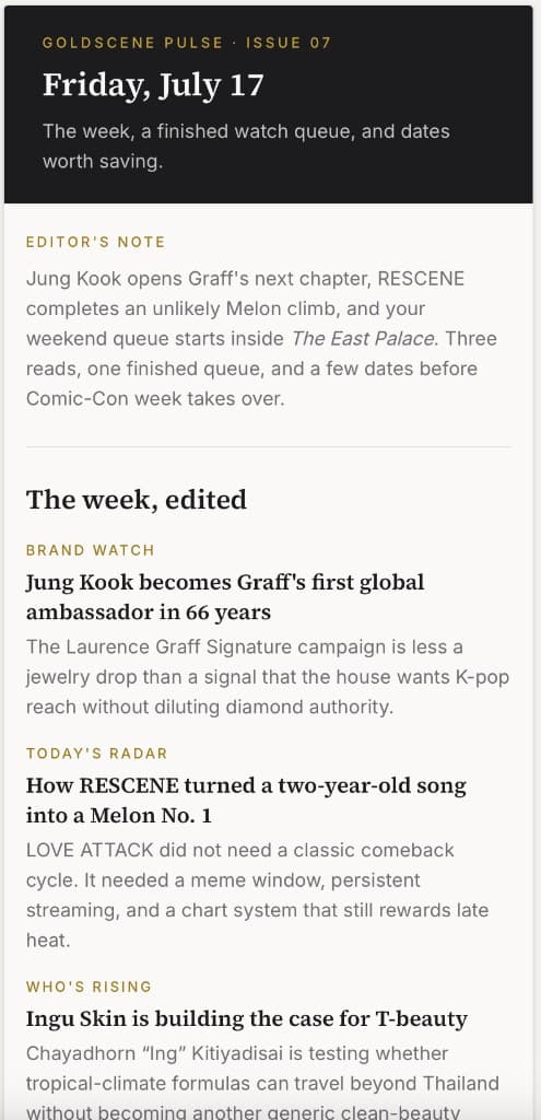 Goldscene Pulse Issue 07 sample on phone: Friday July 17 header and the week edited.