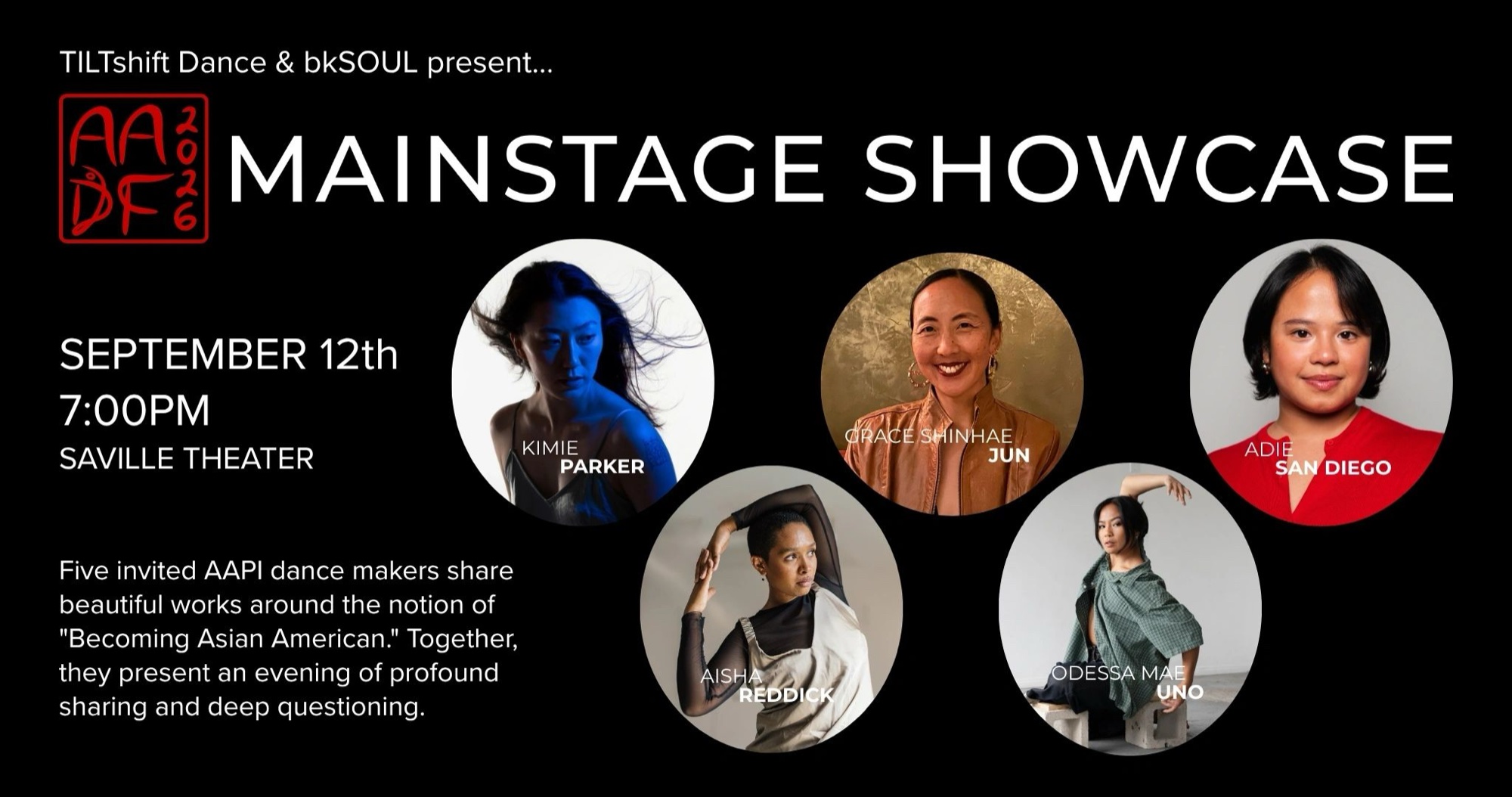 Promotional art for the AADF2026 Mainstage Showcase at San Diego City College's Saville Theatre.