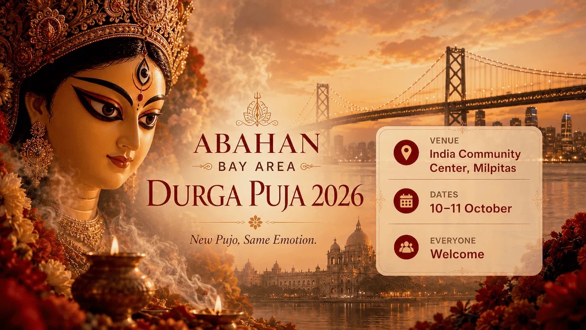Abahan Bay Area Durga Puja 2026 promo art with a Durga idol and Bay Area skyline.