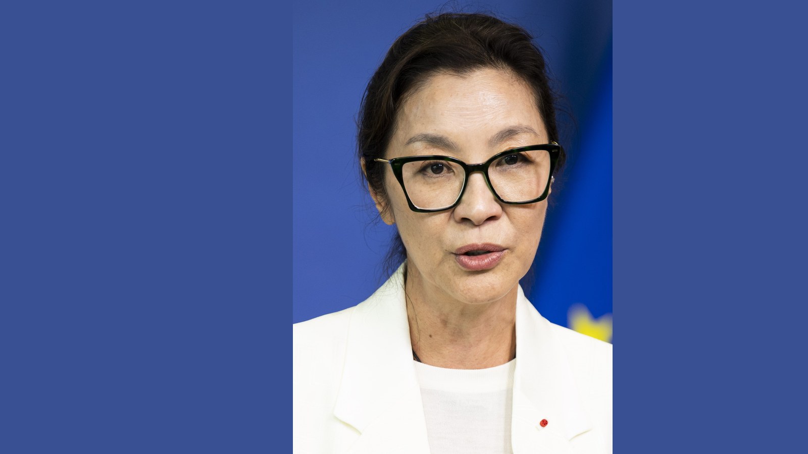 Michelle Yeoh at a 2023 press conference in Brussels, the year she became the first Asian woman to win the Academy Award for Best Actress.