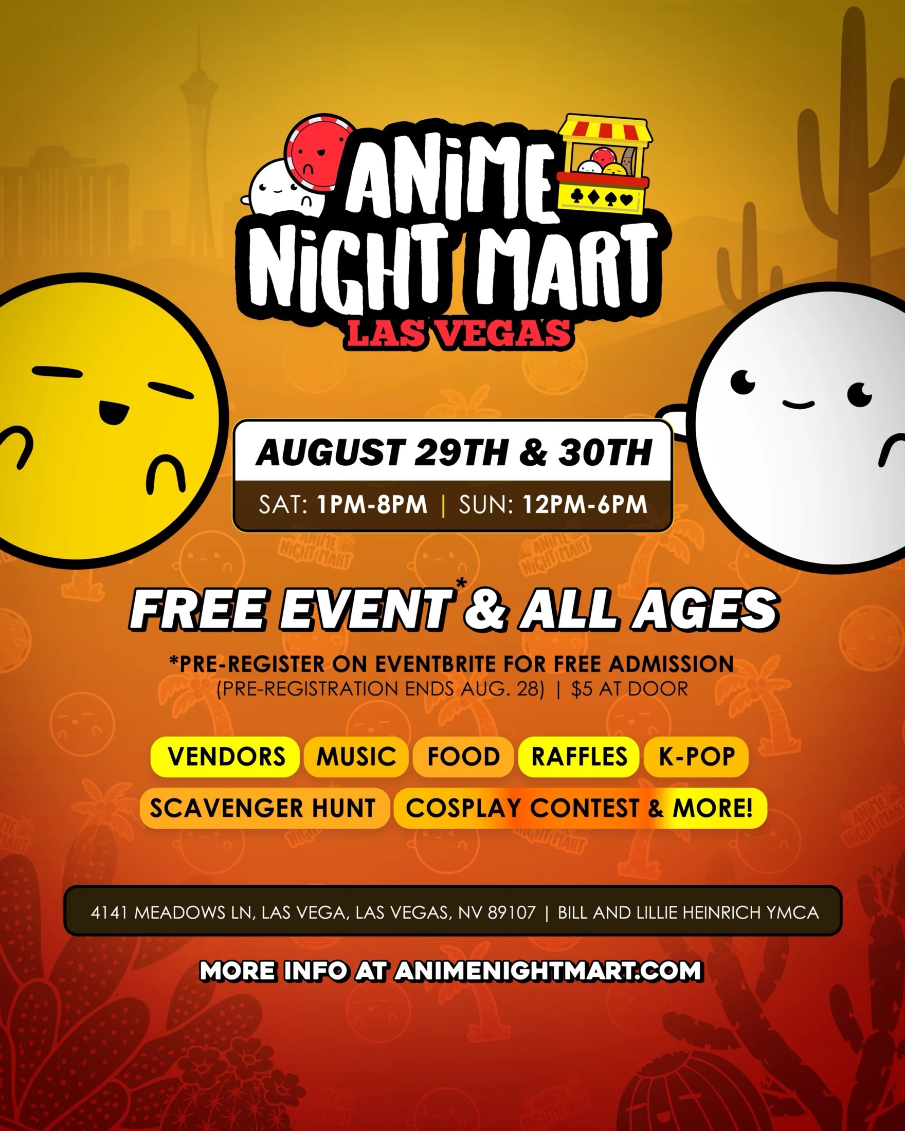 Anime Night Mart Las Vegas promotional art with August dates and event details.