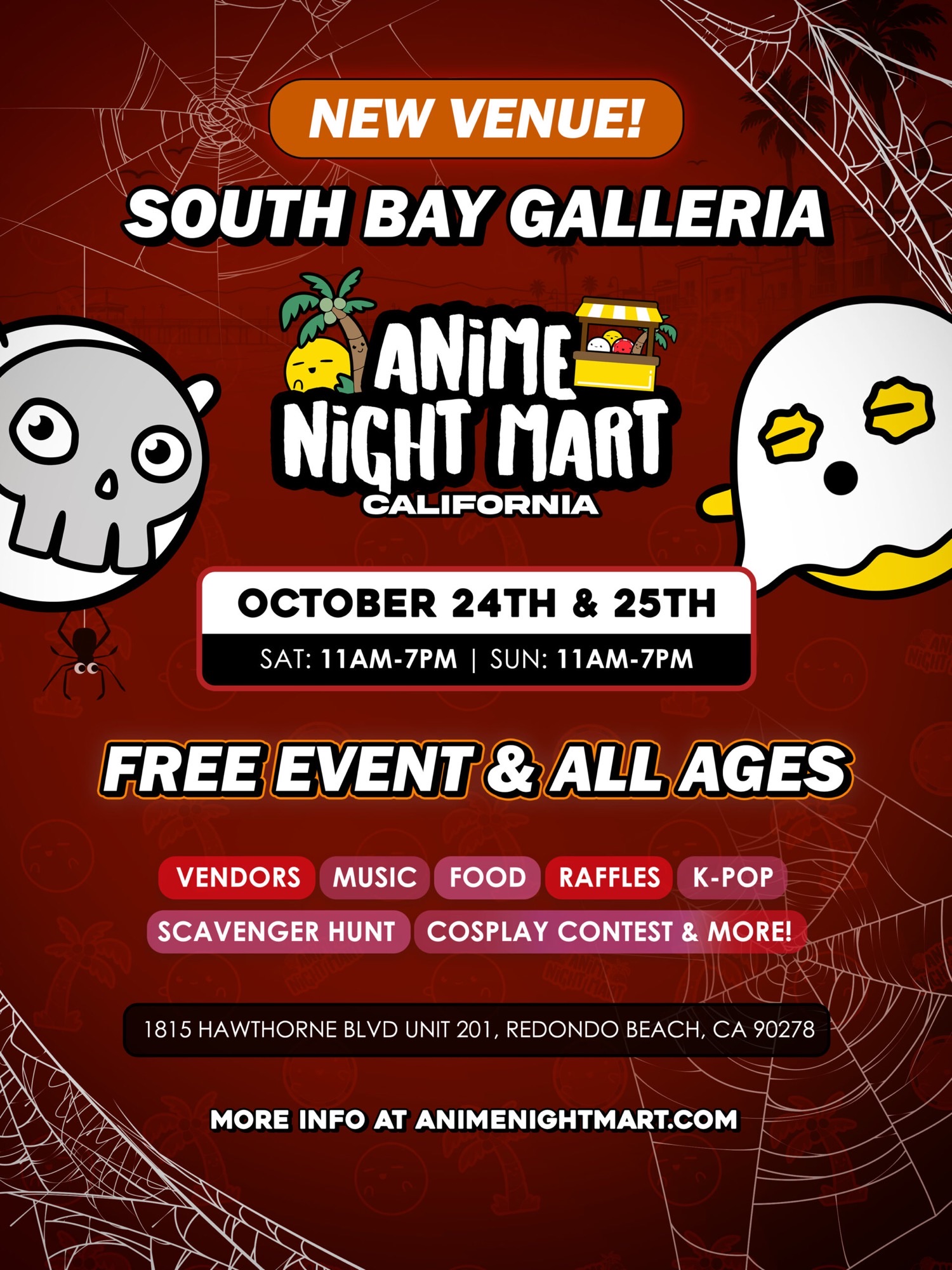 Anime Night Mart promotional flyer for South Bay Galleria in Redondo Beach, October 24–25, 2026.