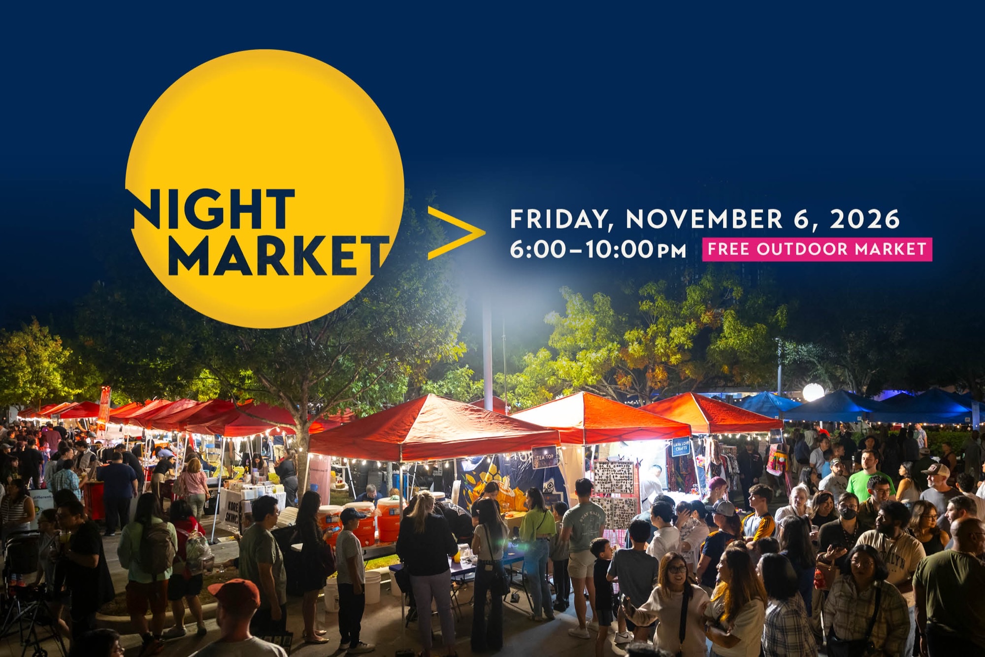 Night market tents and crowd at Asia Society Texas.
