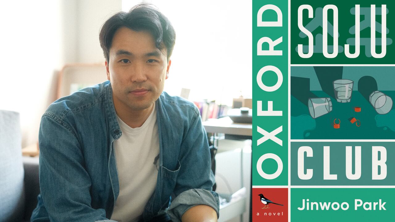 Author Jinwoo Park beside the cover of his novel Oxford Soju Club, from CBC Books' Asian Canadian writers list.