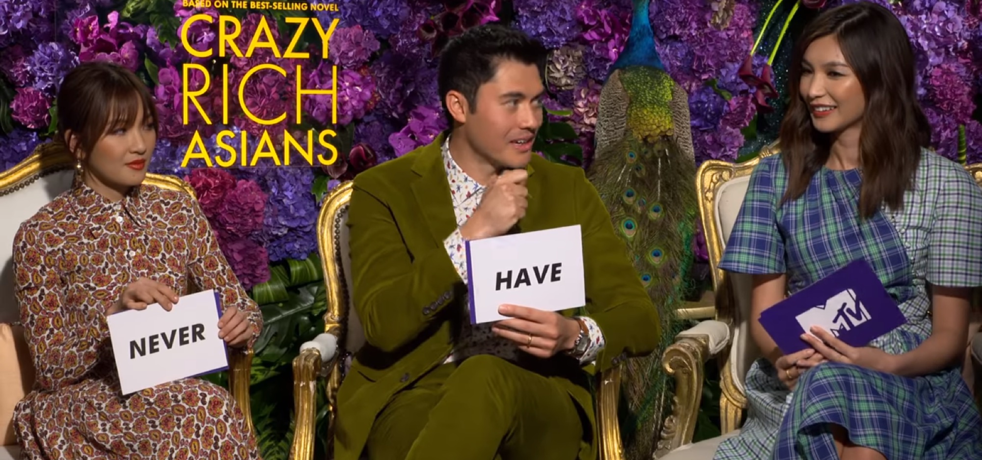 Constance Wu, Henry Golding, and Gemma Chan promoting Crazy Rich Asians.