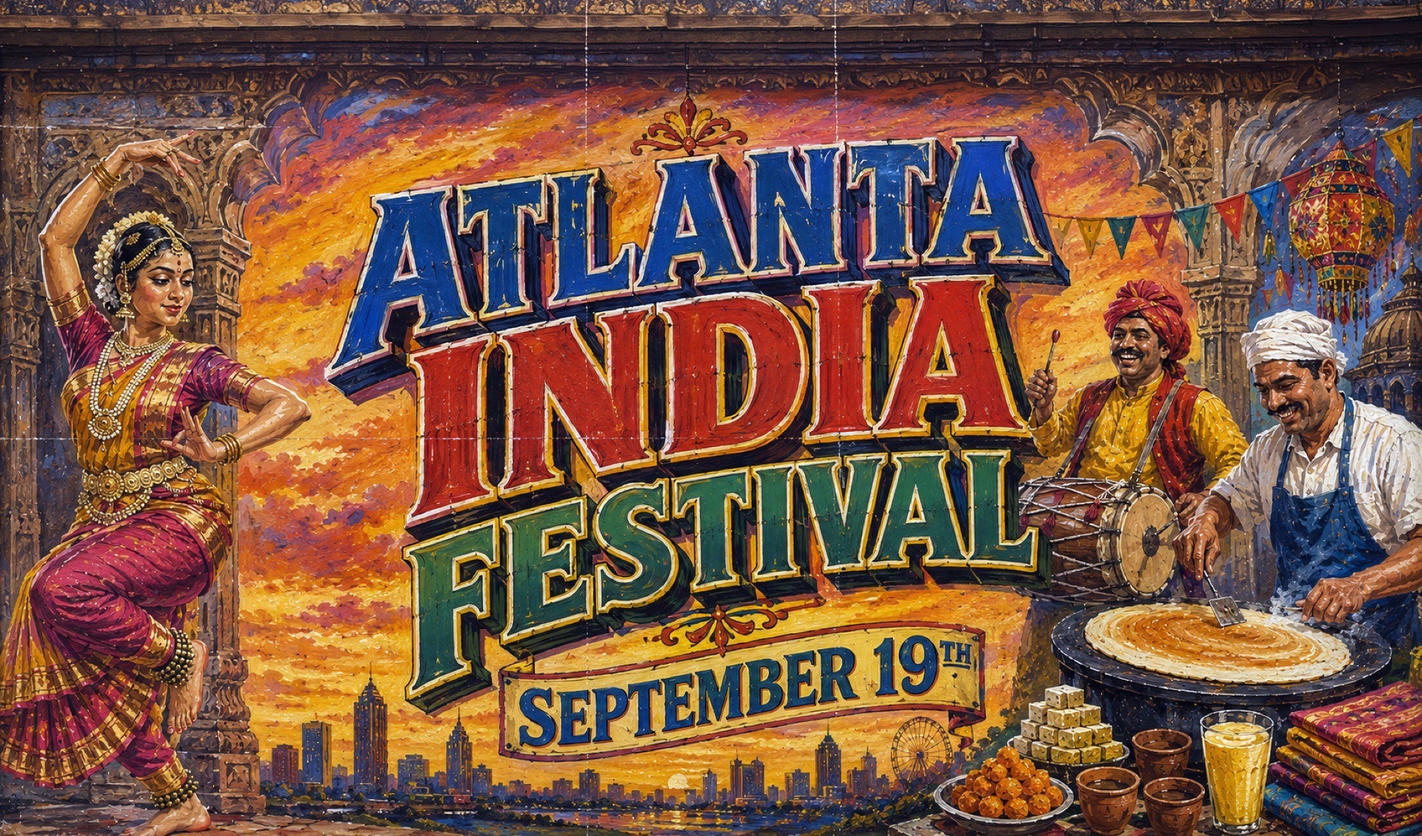 Promotional graphic for Atlanta India Festival 2026 at St. Mary's Orthodox Church in Roswell.