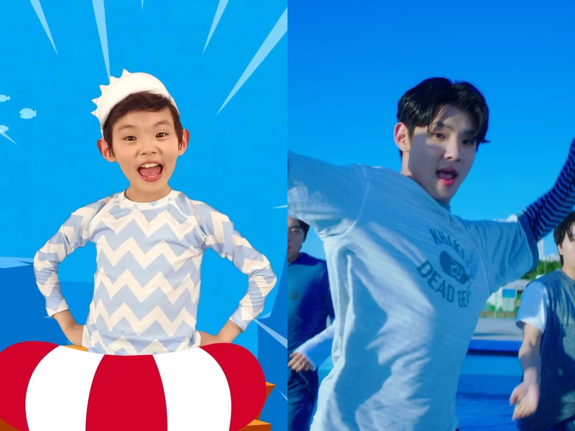 Split promo of Park Geon-roung as a child in Pinkfong’s Baby Shark Dance (left) and as teen artist Baby Shark Boy in WAVE promotional styling (right).