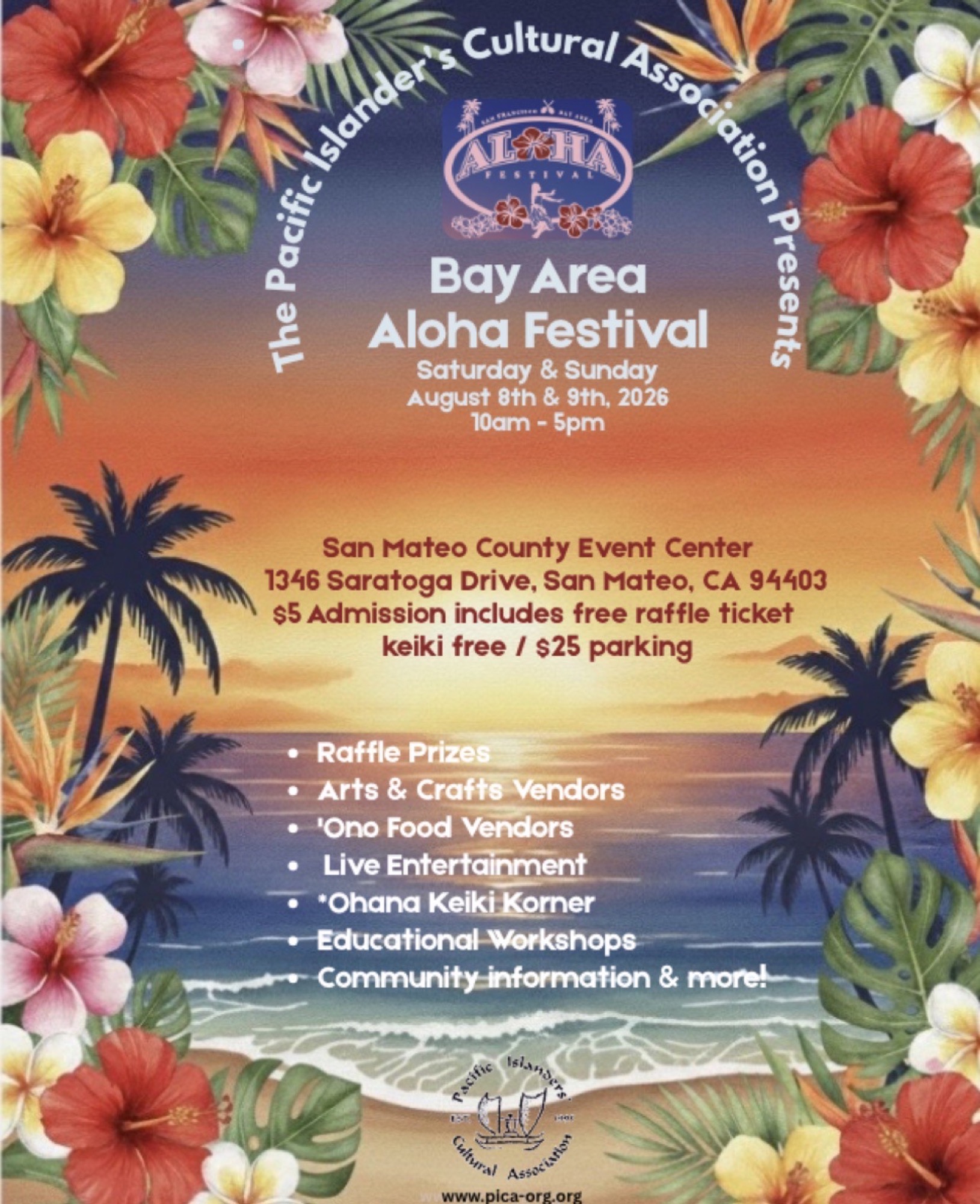 Bay Area Aloha Festival promotional flyer for San Mateo County Event Center.