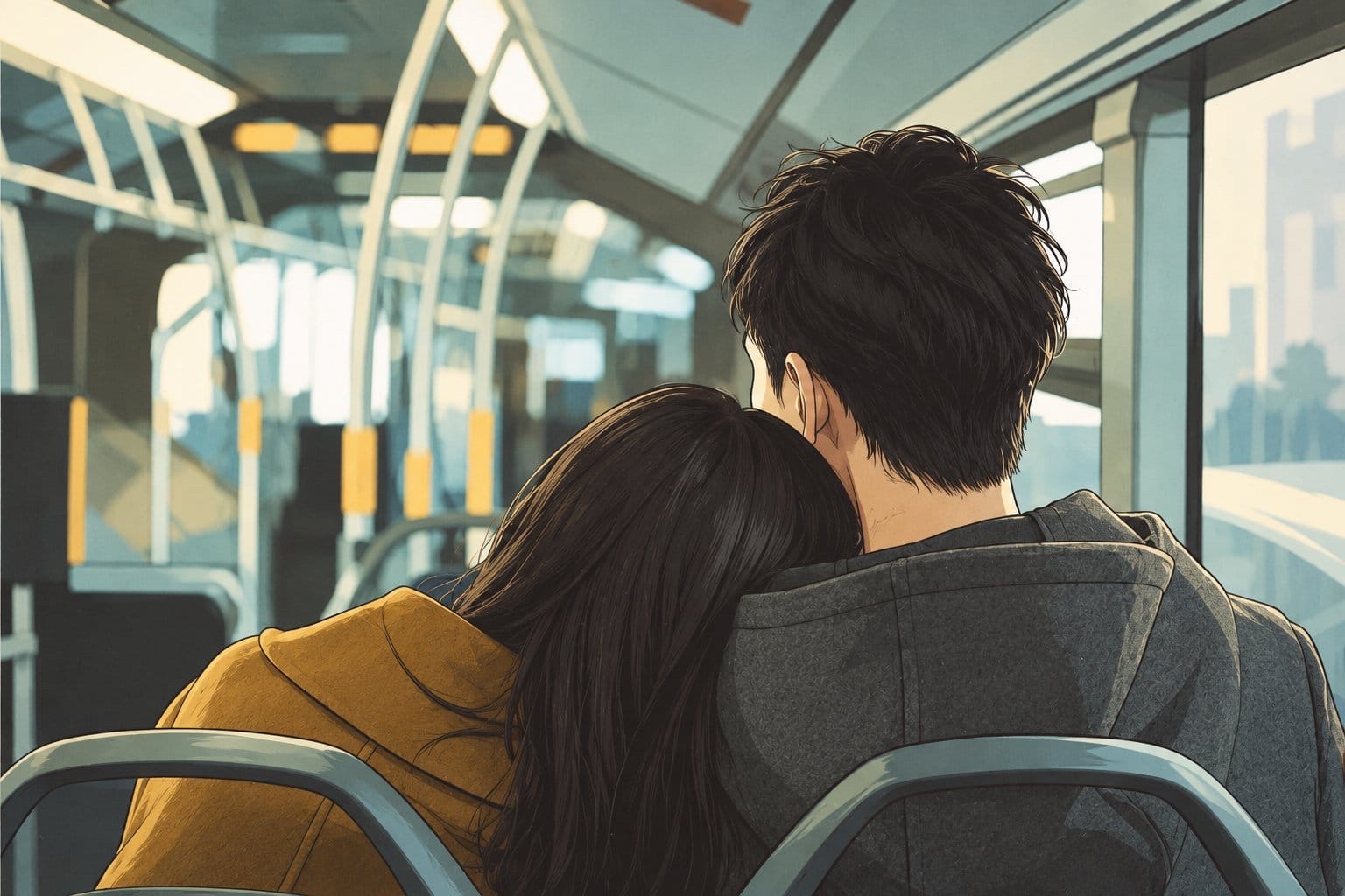 Kim So-hyun rests her head on Choo Young-woo’s shoulder while they sit together on a sunlit bus in the main poster for Between Steps.