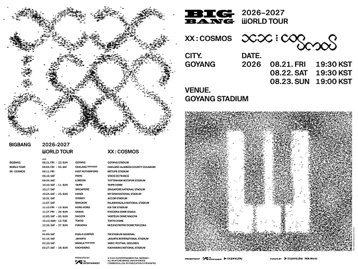Official YG poster for BIGBANG 2026-2027 world tour XX:COSMOS listing Goyang Stadium dates.