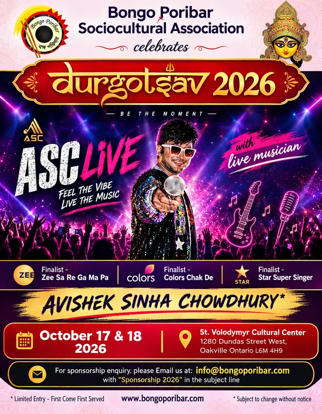 Bongo Poribar Durgotsav 2026 flyer for St. Volodymyr Cultural Centre in Oakville, featuring live musician Avishek Sinha Chowdhury.