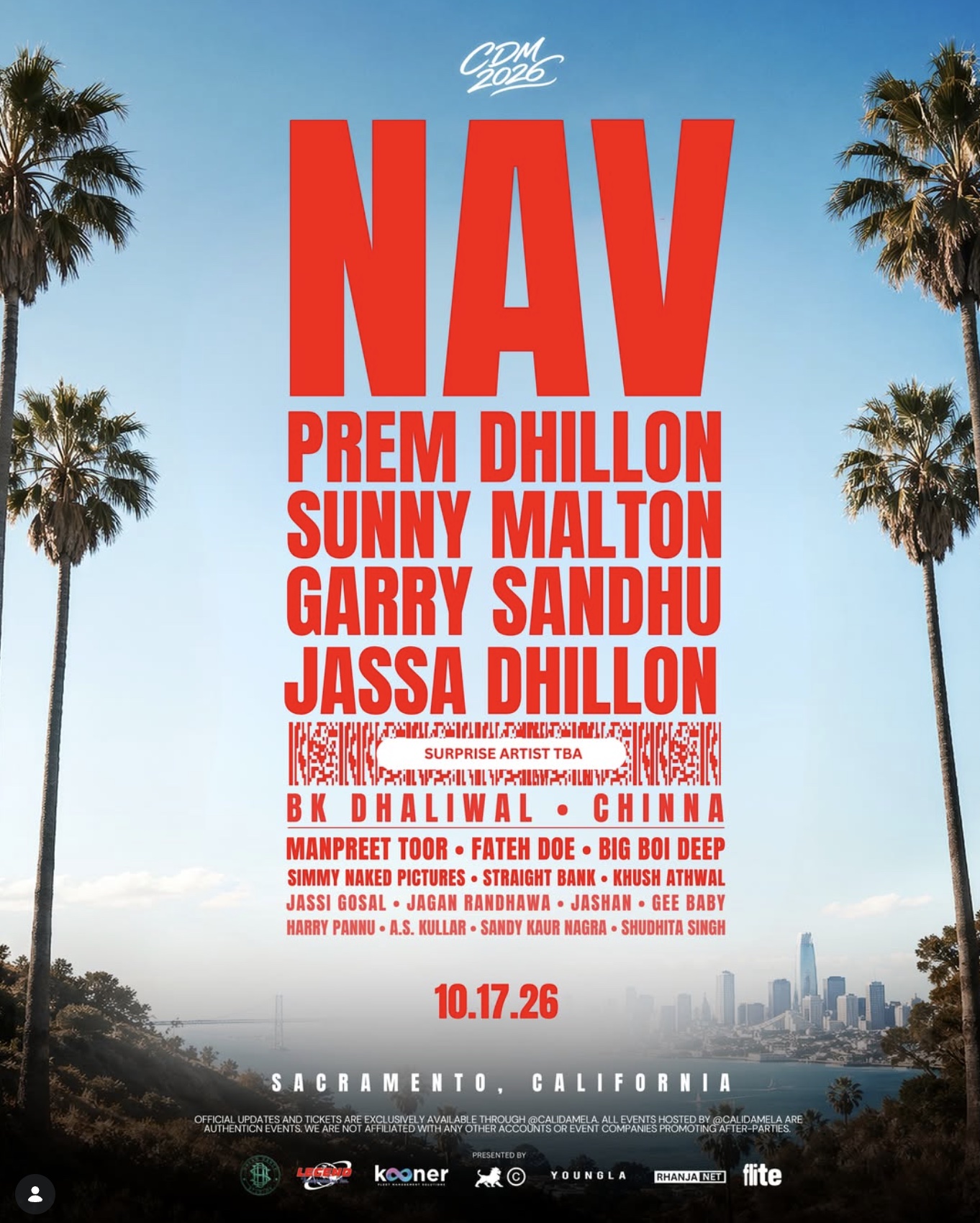 Official CDM 2026 lineup poster naming NAV and the October 17 Sacramento date at Cal Expo.