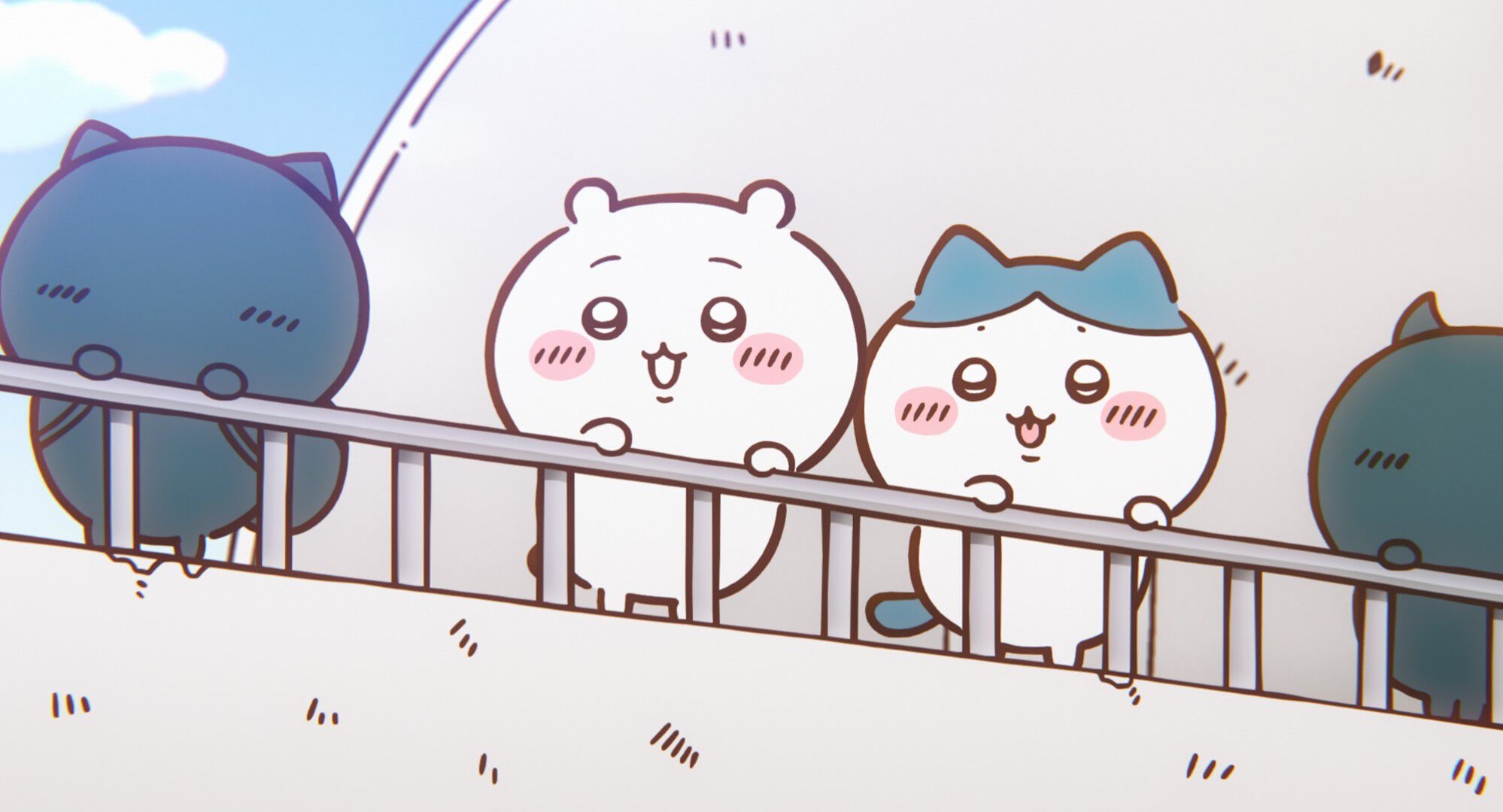 Chiikawa and Hachiware lean on a railing and smile in a still from Chiikawa the Movie: The Secret of the Mermaid Island.