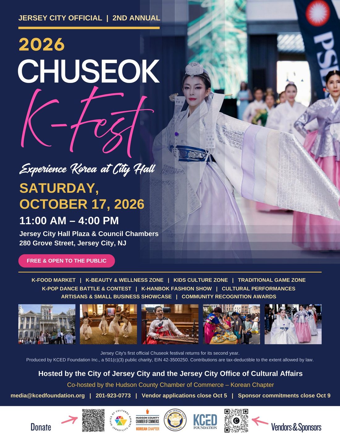 Official 2026 Chuseok K-Fest poster with a dancer in a pale hanbok and the October 17 Jersey City Hall hours and address.