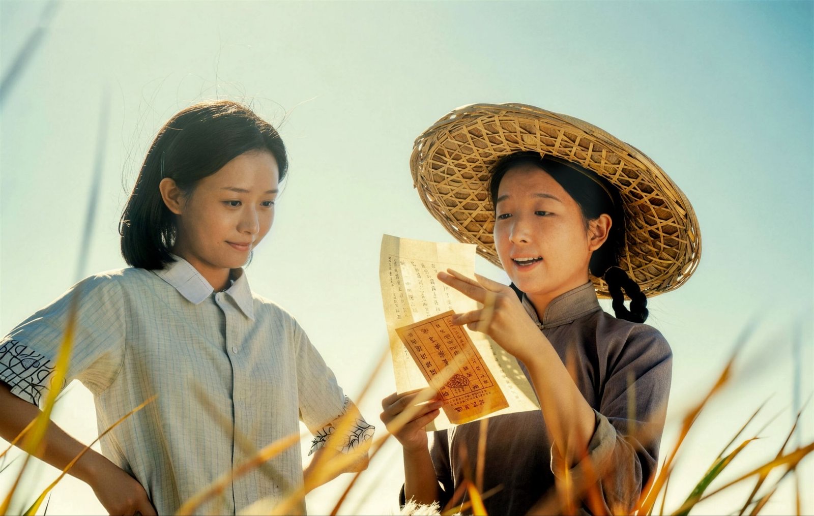 Two young women stand in a sunlit field in the Teochew-language film Dear You, one in a woven straw hat reading aloud from a qiaopi remittance letter.
