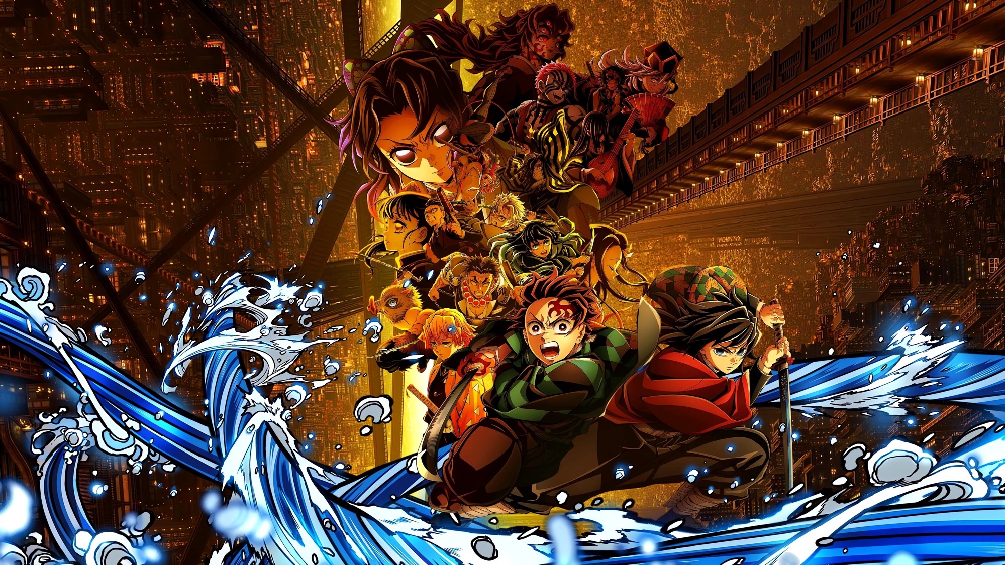Official Demon Slayer Infinity Castle key art with Tanjiro, the Hashira, and Upper Rank demons inside the fortress.