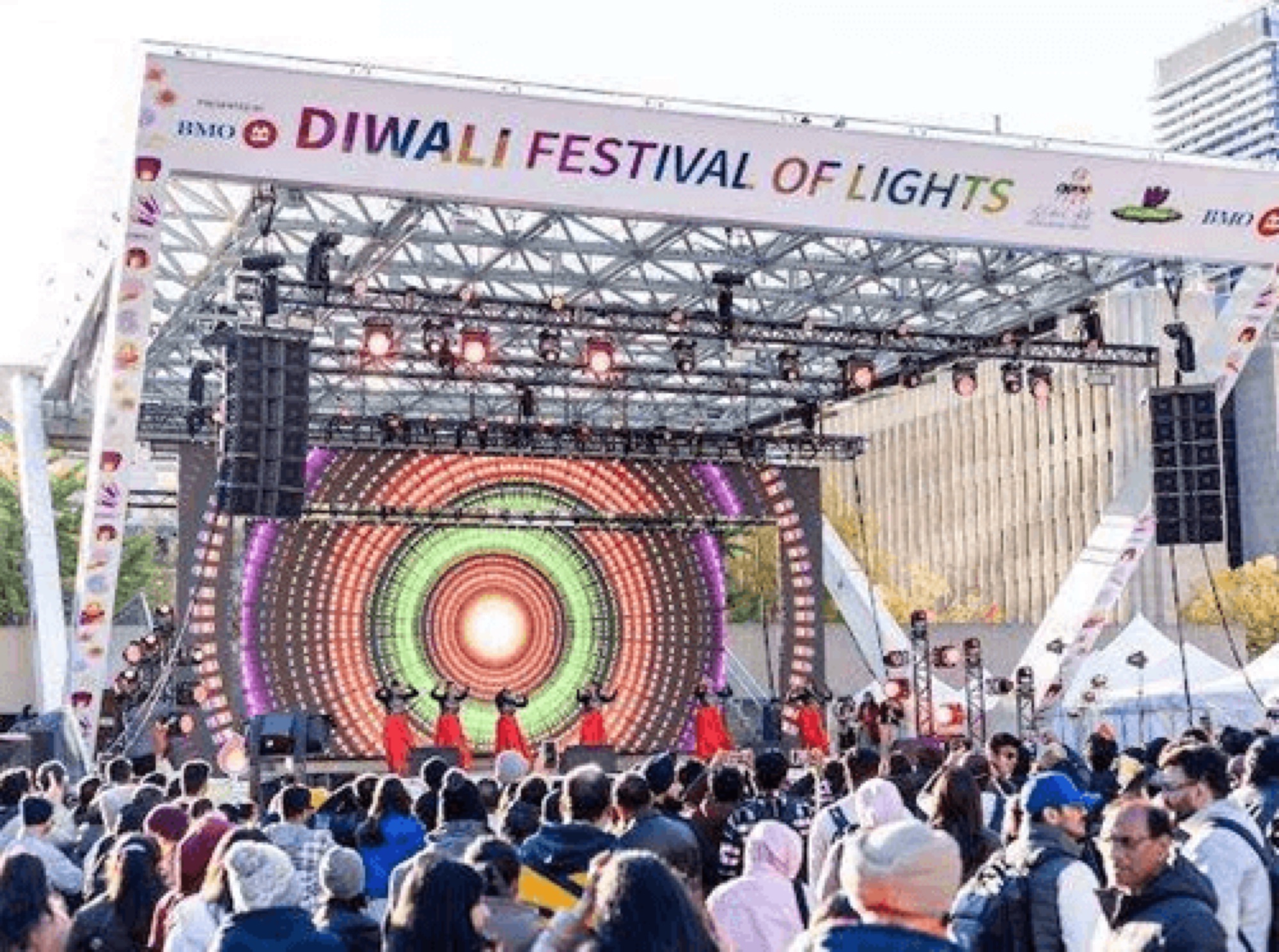 LED light installations and stage performances at Diwali Festival of Lights at Nathan Phillips Square.