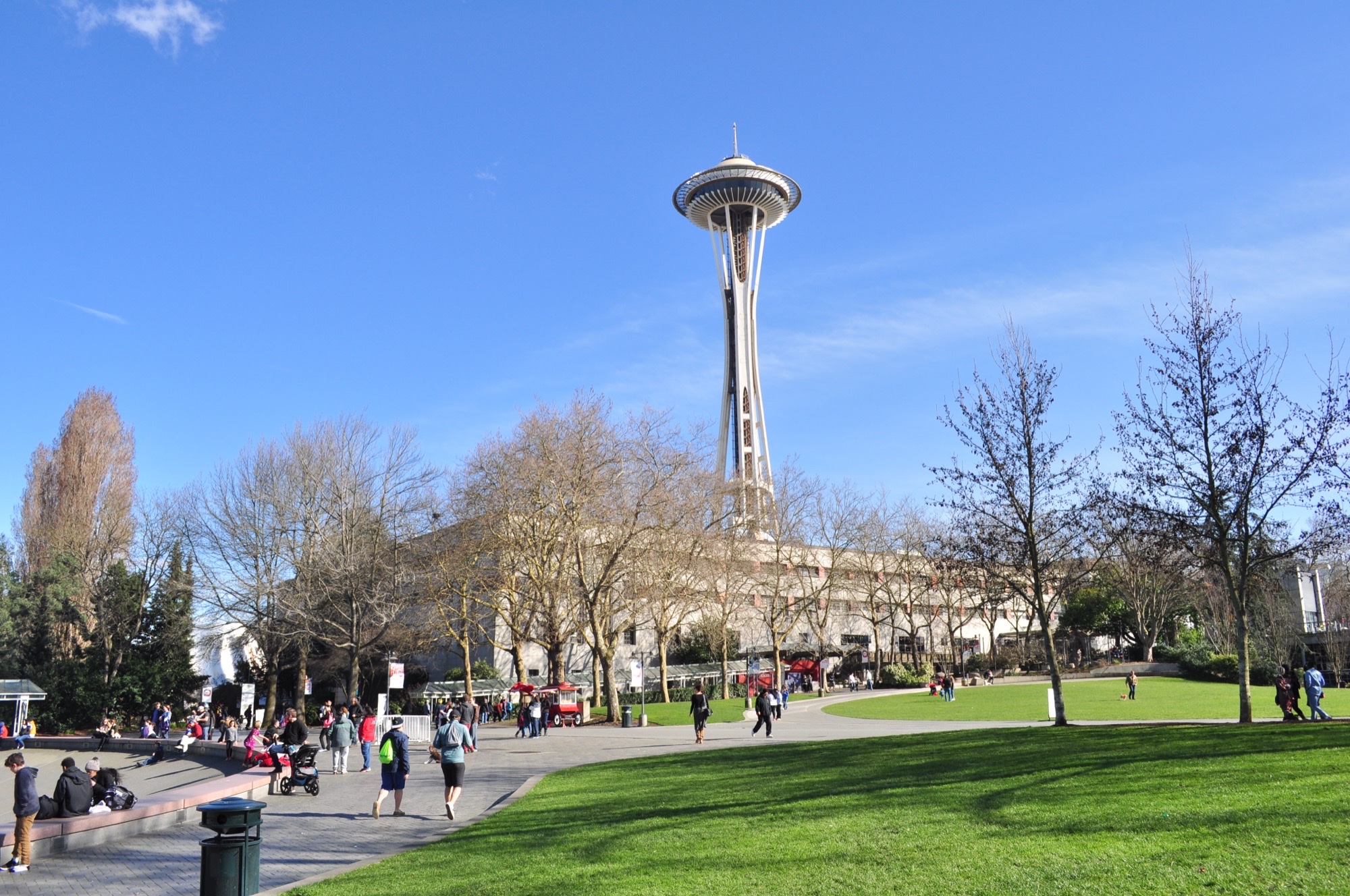 The Seattle Center Armory from the International Fountain lawn, with the Space Needle behind it, where Festál holds Diwali.