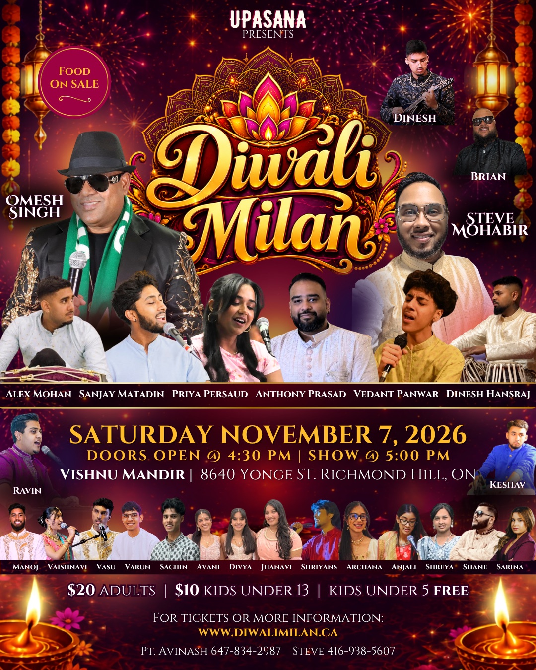 Diwali Milan 2026 flyer for Vishnu Mandir banquet hall in Richmond Hill, with headliner Omesh Singh and ticket prices.