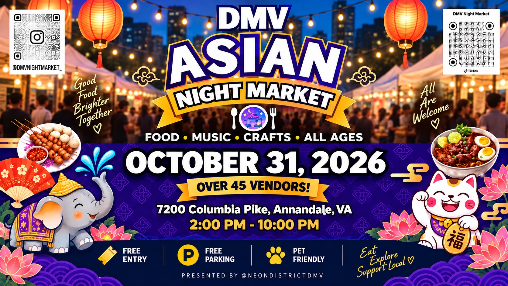 Official DMV Asian Night Market flyer for October 31, 2026 at 7200 Columbia Pike in Annandale.