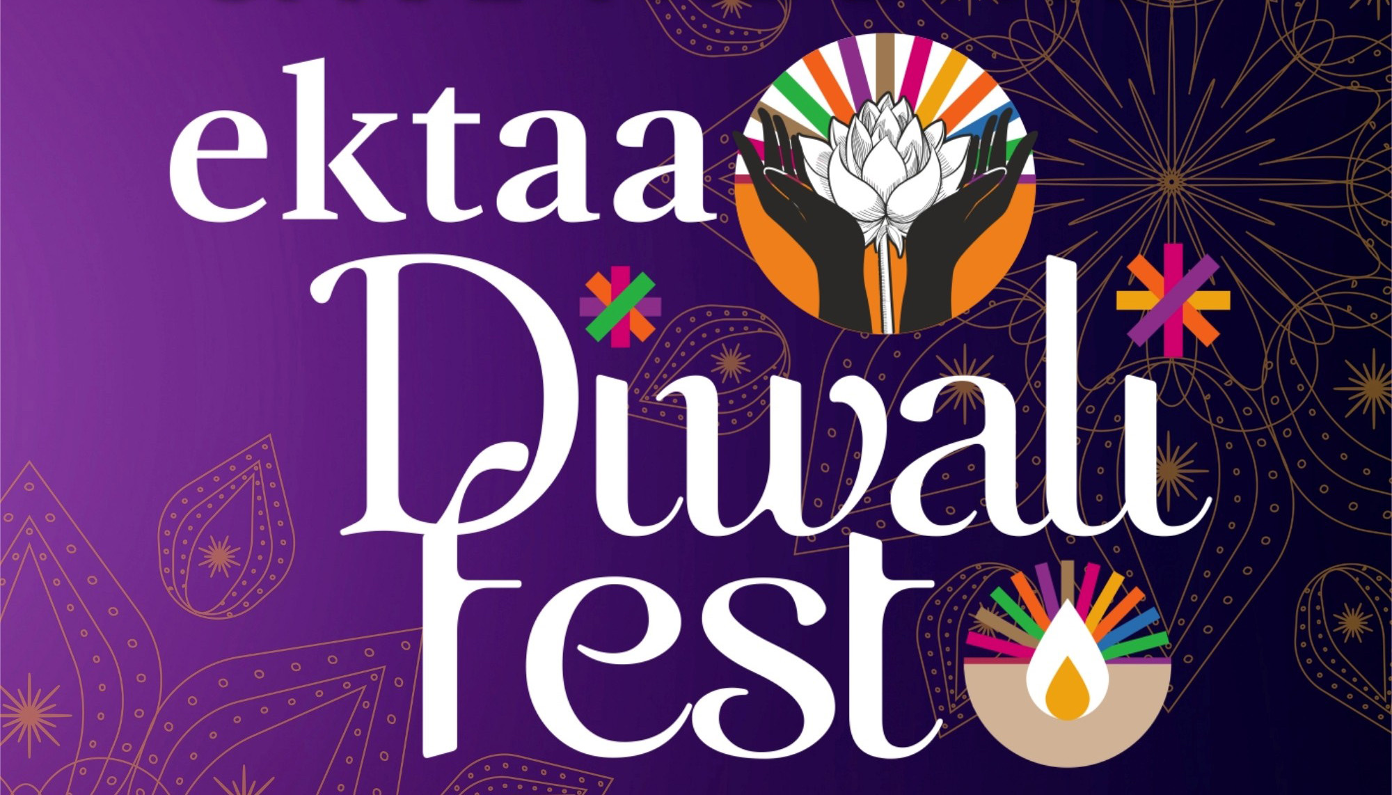 Official Ektaa Diwali Fest promo banner with white serif type on a purple mandala background and a lotus logo.