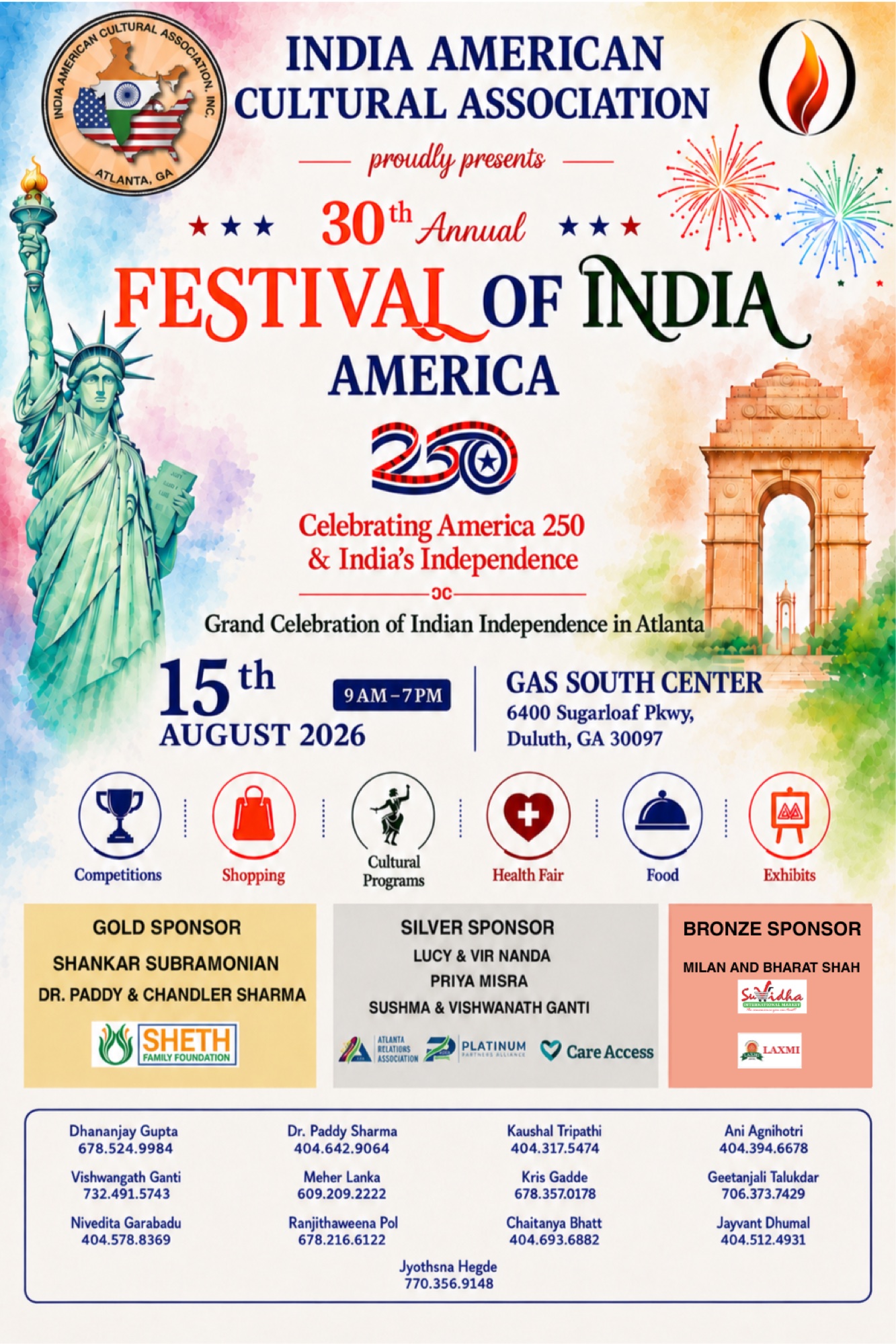 Promotional poster for the 30th Annual Festival of India 2026 at Gas South Center in Duluth.
