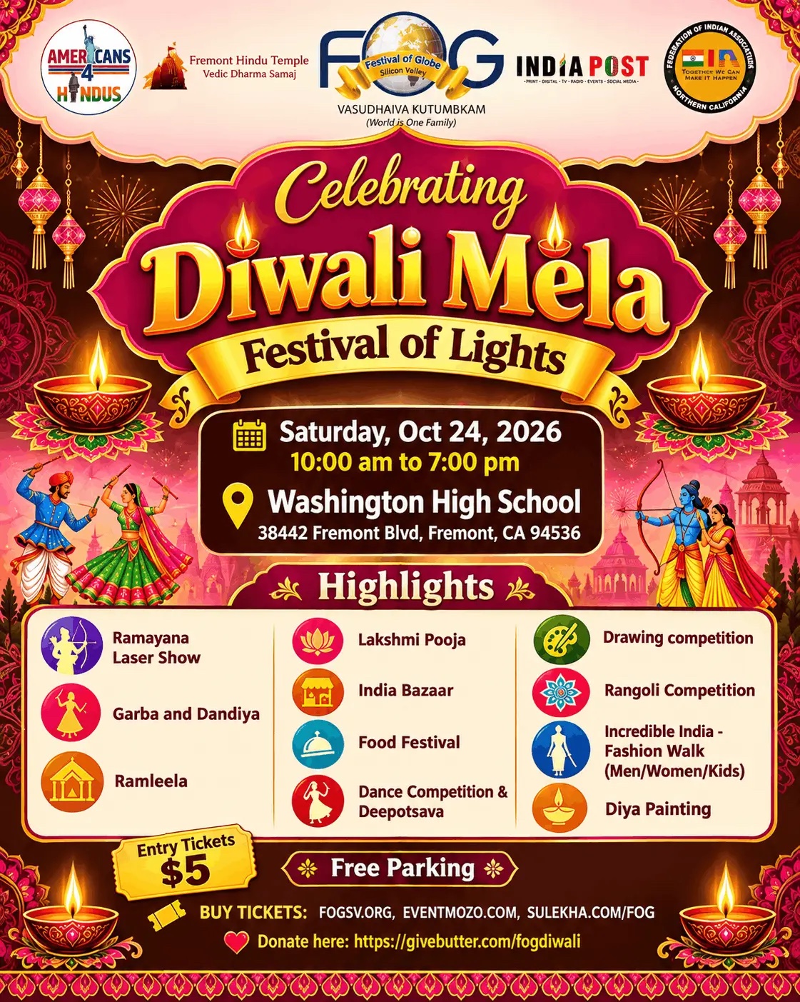 Official FOG Diwali Mela 2026 flyer for Washington High School in Fremont.