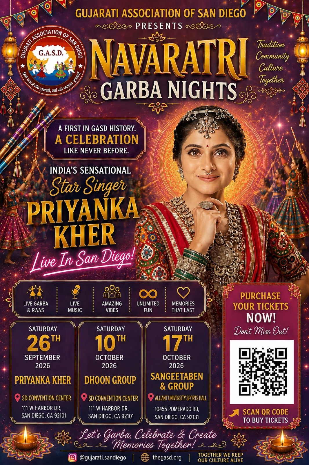Promotional graphic for GASD Navratri 2026 at the San Diego Convention Center.