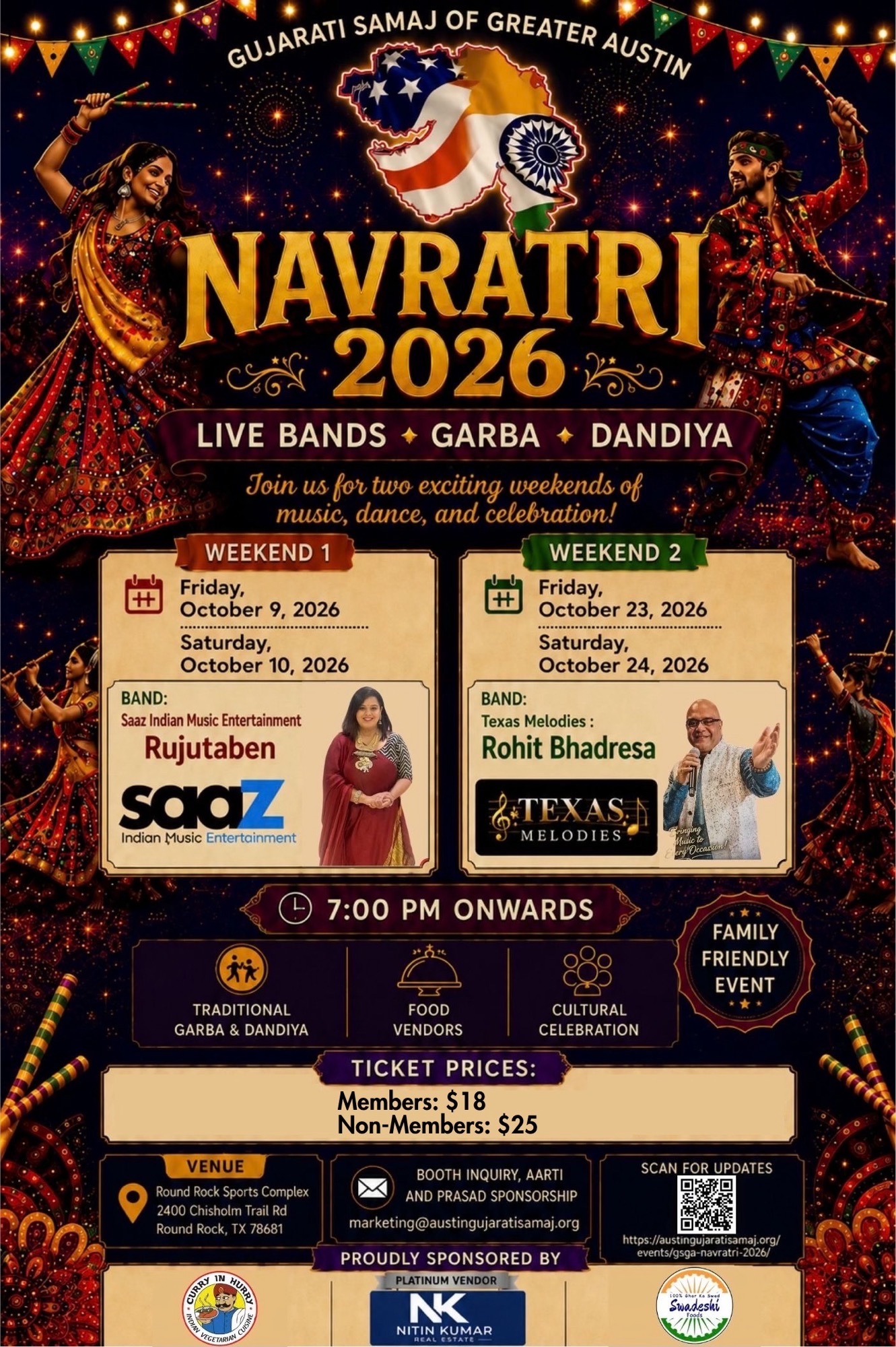 GSGA Navratri 2026 flyer for Round Rock Sports Center with October weekend dates, live bands, and $18 member / $25 guest pricing.