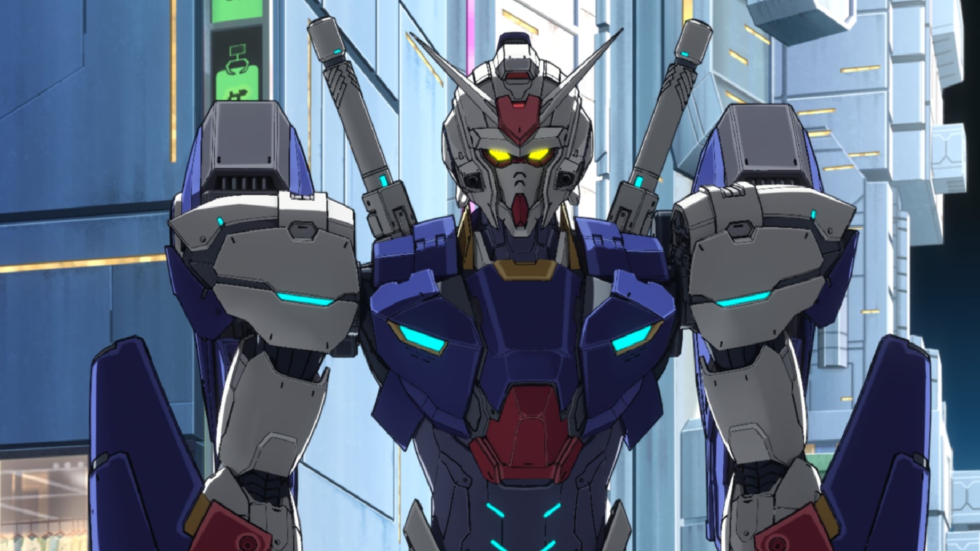 Official Mobile Suit Gundam RG XARX-ZERO key art of Gundam Zero facing camera against a bright colony cityscape.
