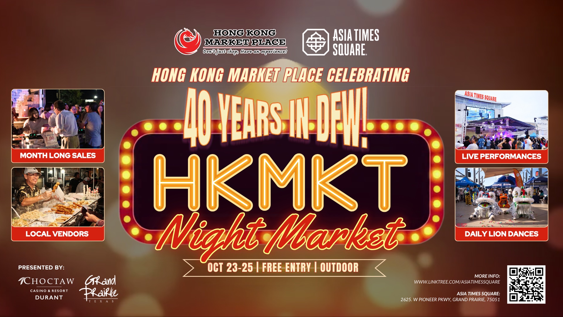 Official HKMKT Night Market 2026 flyer for Asia Times Square in Grand Prairie, marking Hong Kong Market Place's 40th year in DFW.