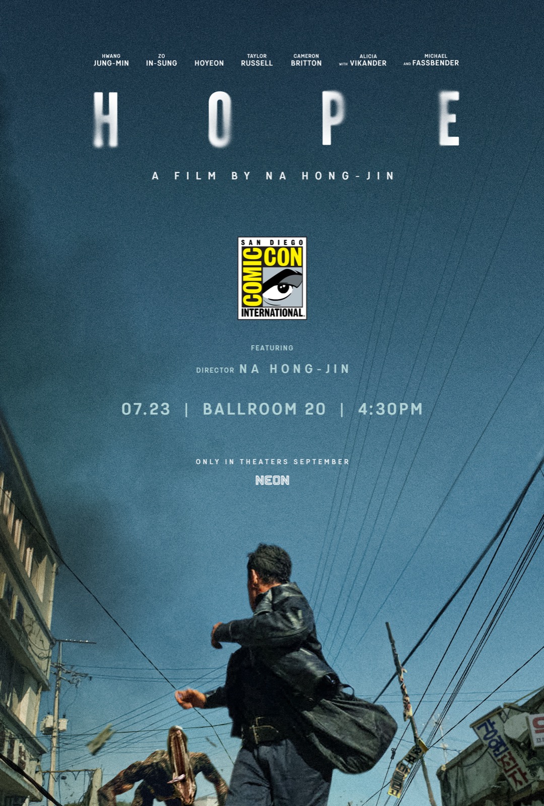 Hope Comic-Con poster with Hwang Jung-min running from a creature under Ballroom 20 4:30 p.m. panel copy and Neon September branding.