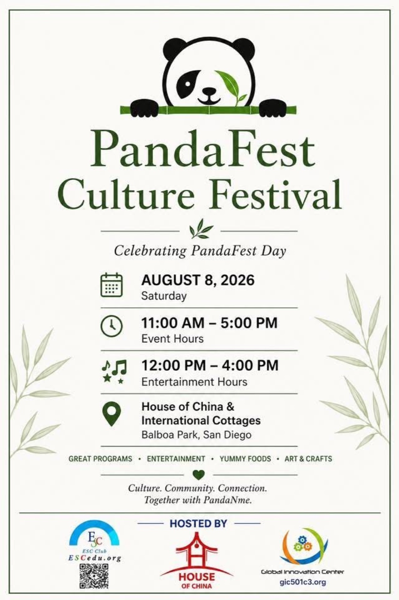 House of China Panda Fest 2026 flyer for the August 8 Balboa Park lawn program.