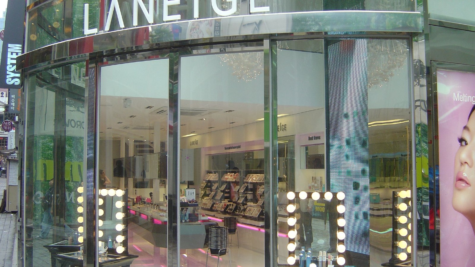 A Laneige storefront in Seoul displaying skincare products and brand signage.