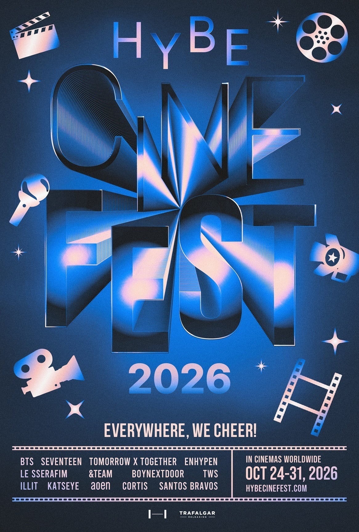 Official HYBE Cine Fest 2026 poster with chrome 3D CINE FEST lettering on a dark blue field, listing October 24-31 worldwide cinema dates.