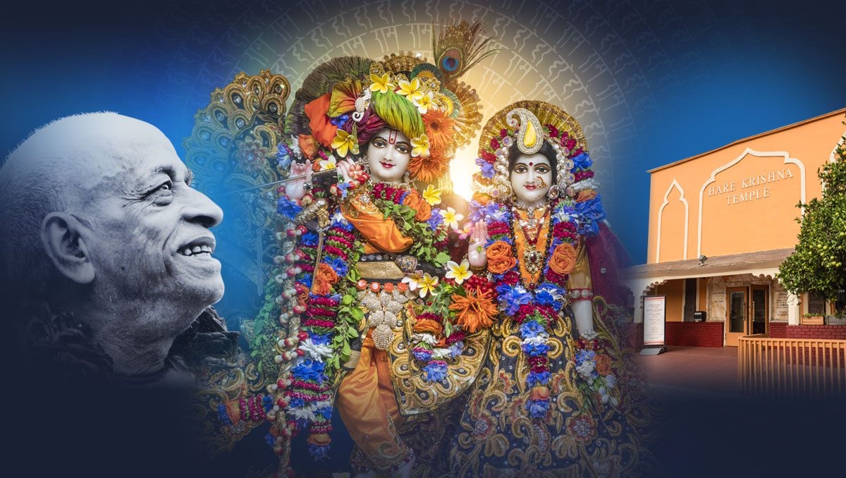 ISKCON San Diego temple art with Radha-Krishna deities and the Pacific Beach temple facade.
