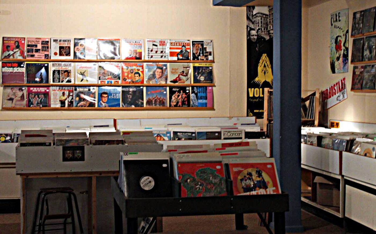 Record store vinyl shelves.