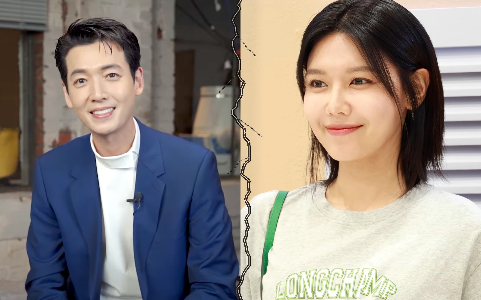 Jung Kyung-ho and Choi Soo-young in a split portrait with a crack down the middle.