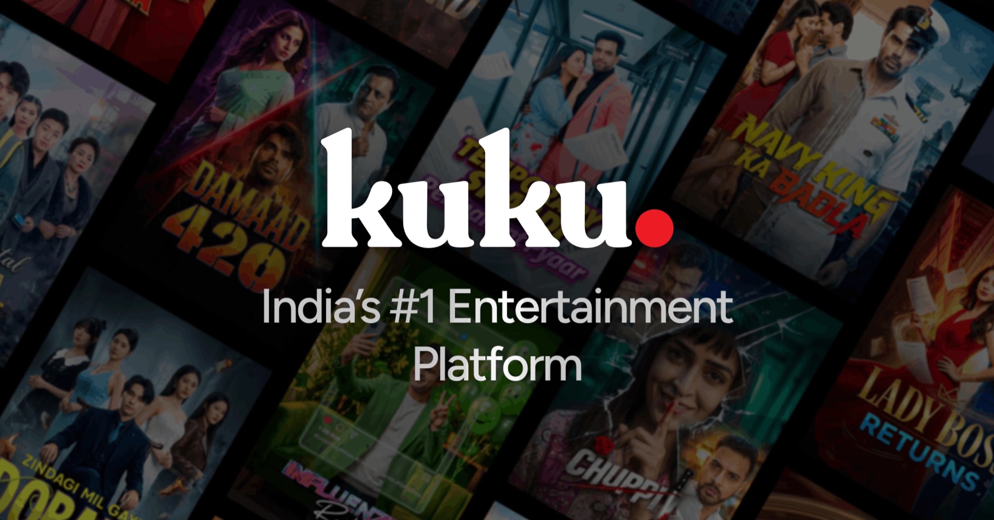 Kuku brand art with the company logo over a wall of vertical microdrama posters, including Damaad 420, Navy King Ka Badla, and Lady Boss Returns.