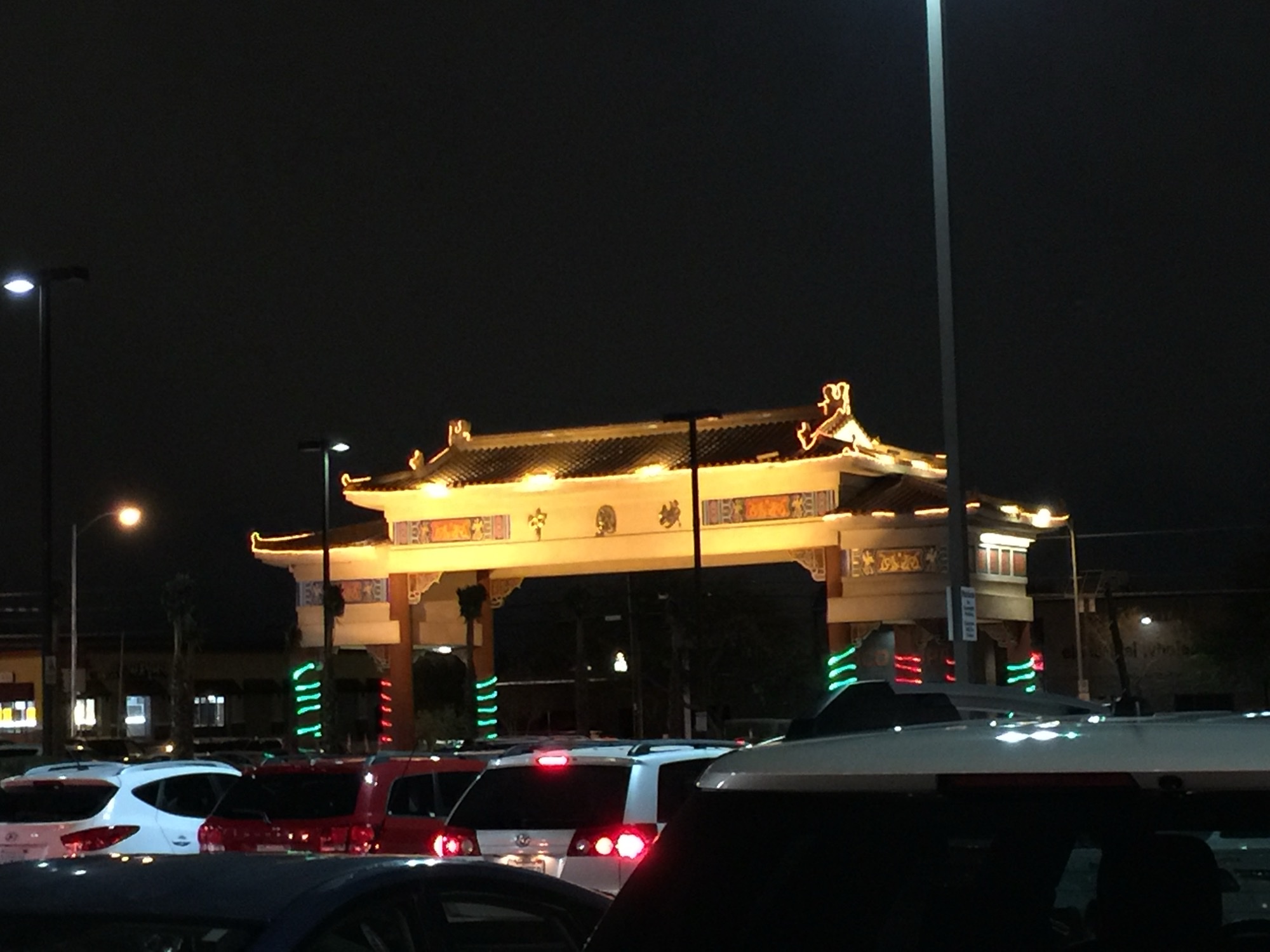 Paifang gate at Las Vegas Chinatown Plaza on Spring Mountain Road at night.