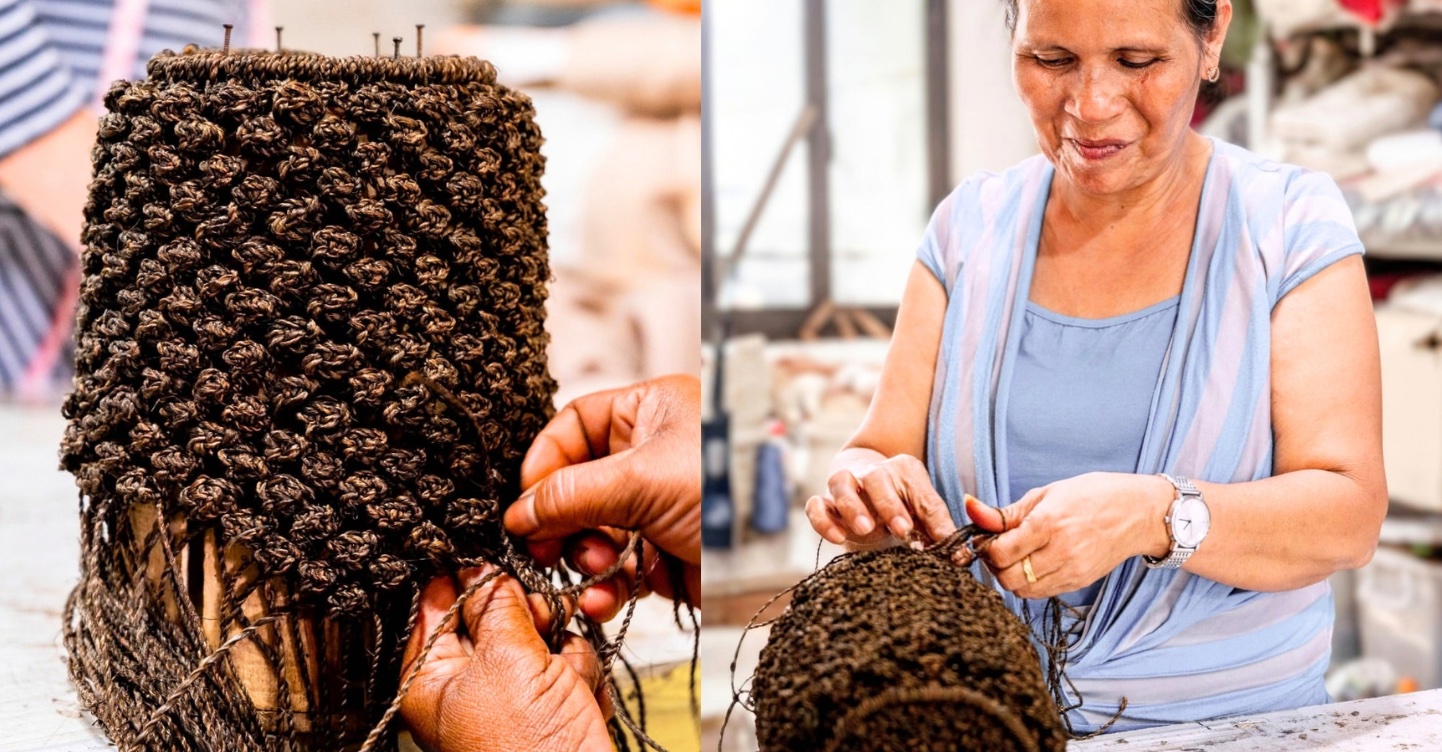 Side-by-side still of a LIKHÂ artisan hand-crocheting dark abaca popcorn stitch on a wooden form, and the artisan at work in a bright workshop.
