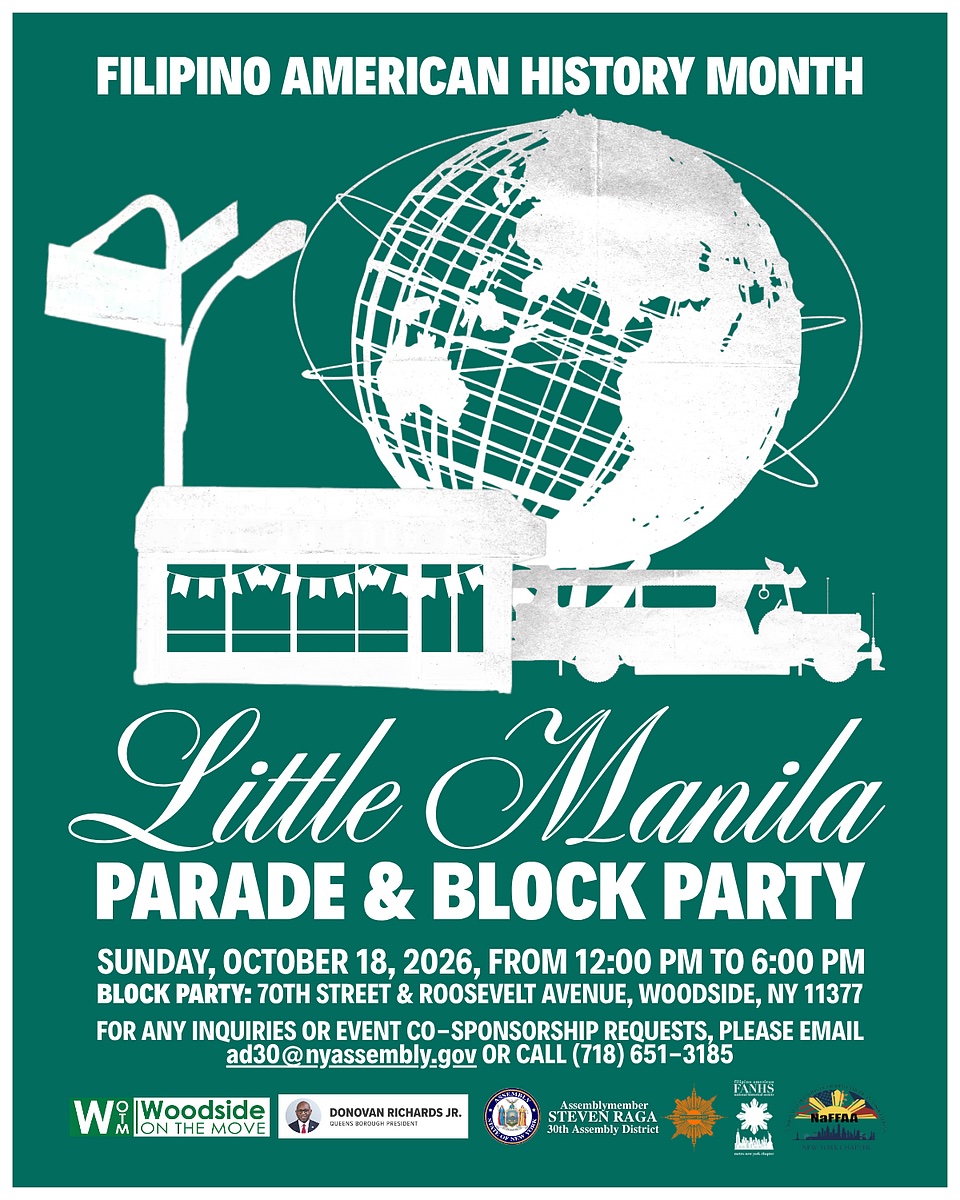 Official flyer for the 2026 Little Manila Parade and Block Party in Woodside.