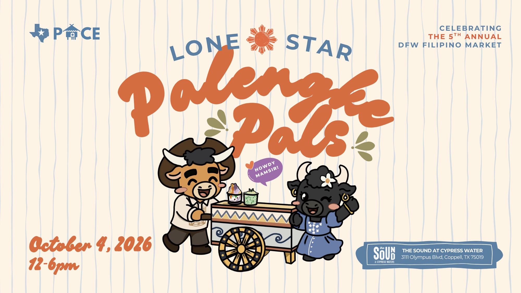Official Lone Star Palengke 2026 Eventbrite art for The Sound at Cypress Waters in Coppell, with carabao "Howdy Mamsir" artwork.