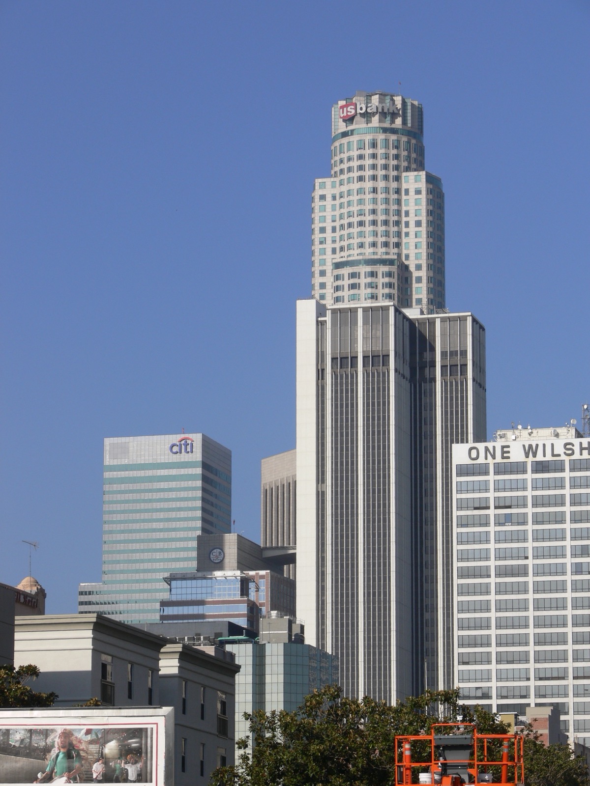 Downtown Los Angeles skyline with high-rise buildings.