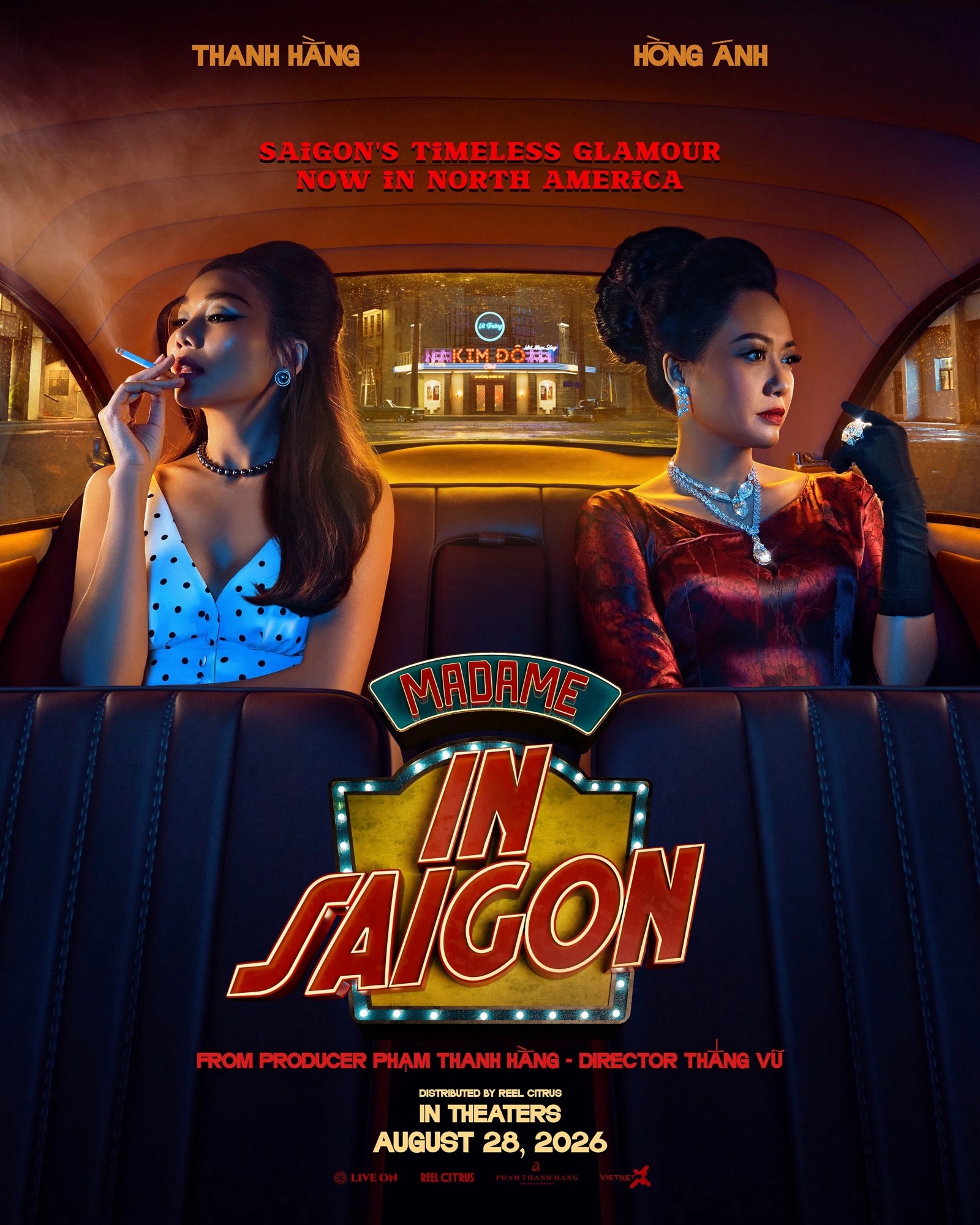 Thanh Hằng and Hồng Ánh in 1960s evening wear in a car, with a Kim Đô neon sign behind them, from Reel Citrus's Madame in Saigon North America first look.