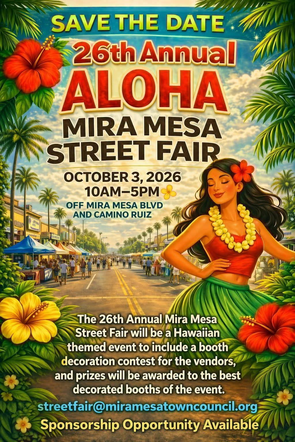 Promotional flyer for the 26th annual Mira Mesa Street Fair with a Hawaiian theme on October 3, 2026.