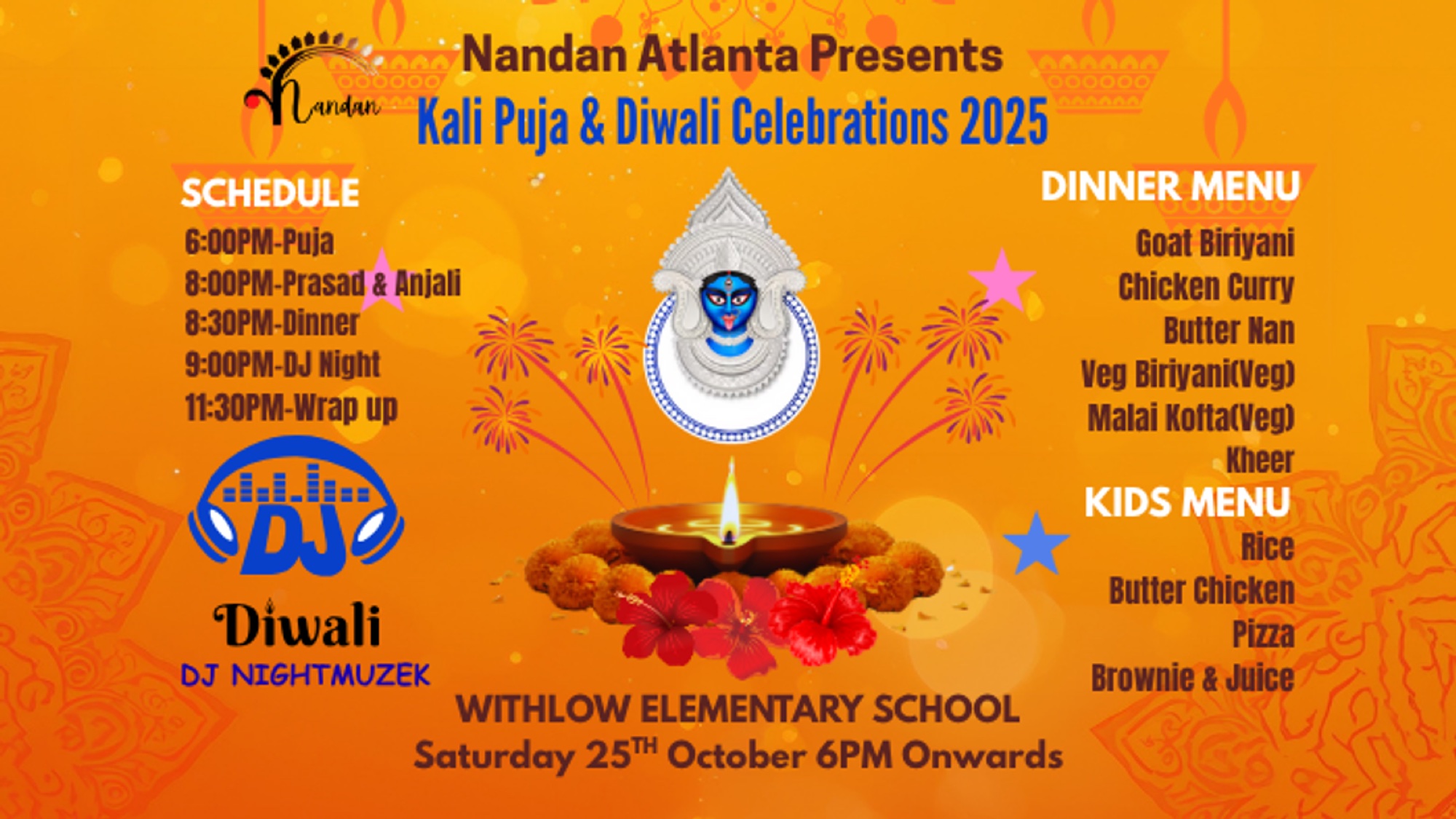 Promotional graphic for Nandan Durga Puja Atlanta 2026 with Chandrabindoo live at DeSana Middle School.