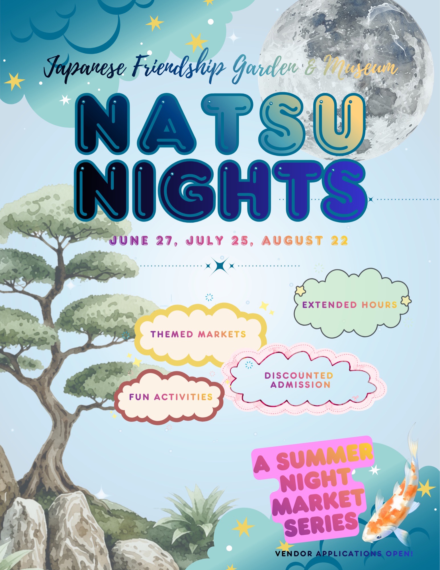 Natsu Nights summer night-market promotional art at Japanese Friendship Garden.